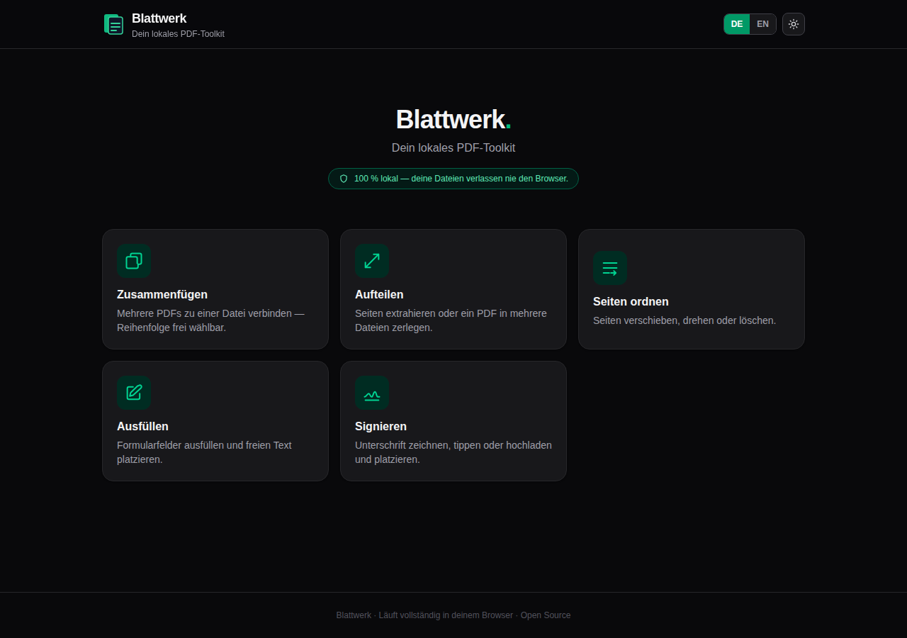 Die Blattwerk-Startseite mit fünf lokalen PDF-Werkzeugen